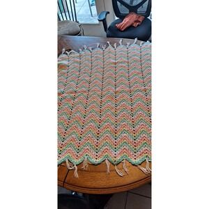 Hand Made Crocheted Baby Blanket 50+ Years Old 37x37 With Fringe